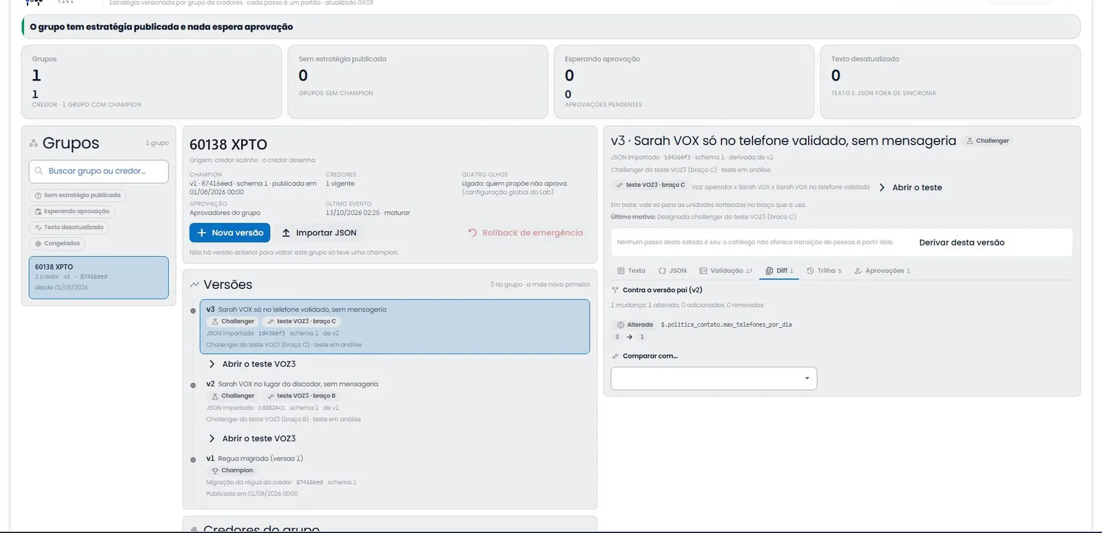 Tela do jacob labs: o diff da versão 3 da estratégia contra a versão 2, chave a chave, com o que foi adicionado, removido e alterado