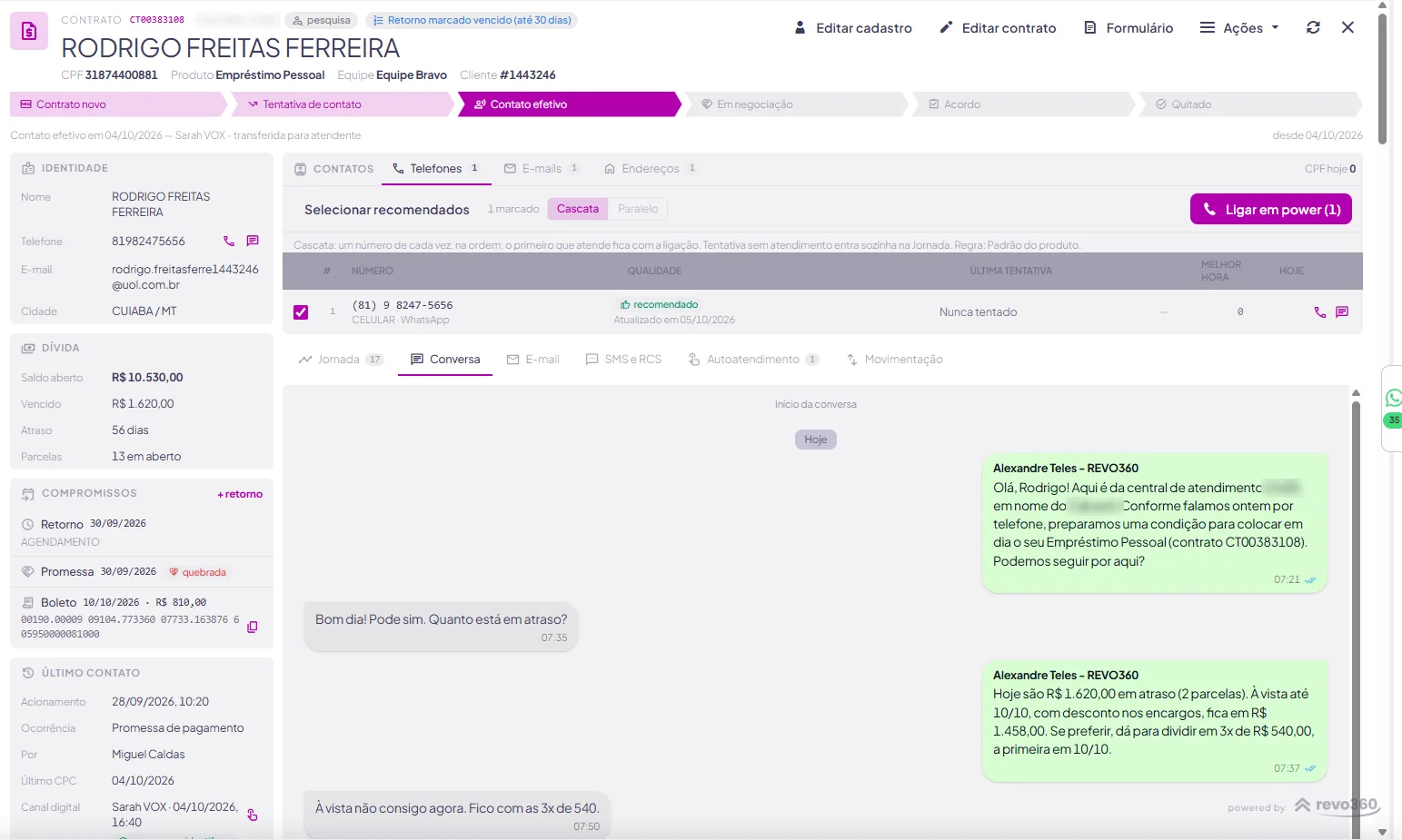 Tela do revo360: a mesma ficha com a aba Conversa aberta, a negociação pelo WhatsApp com o cliente