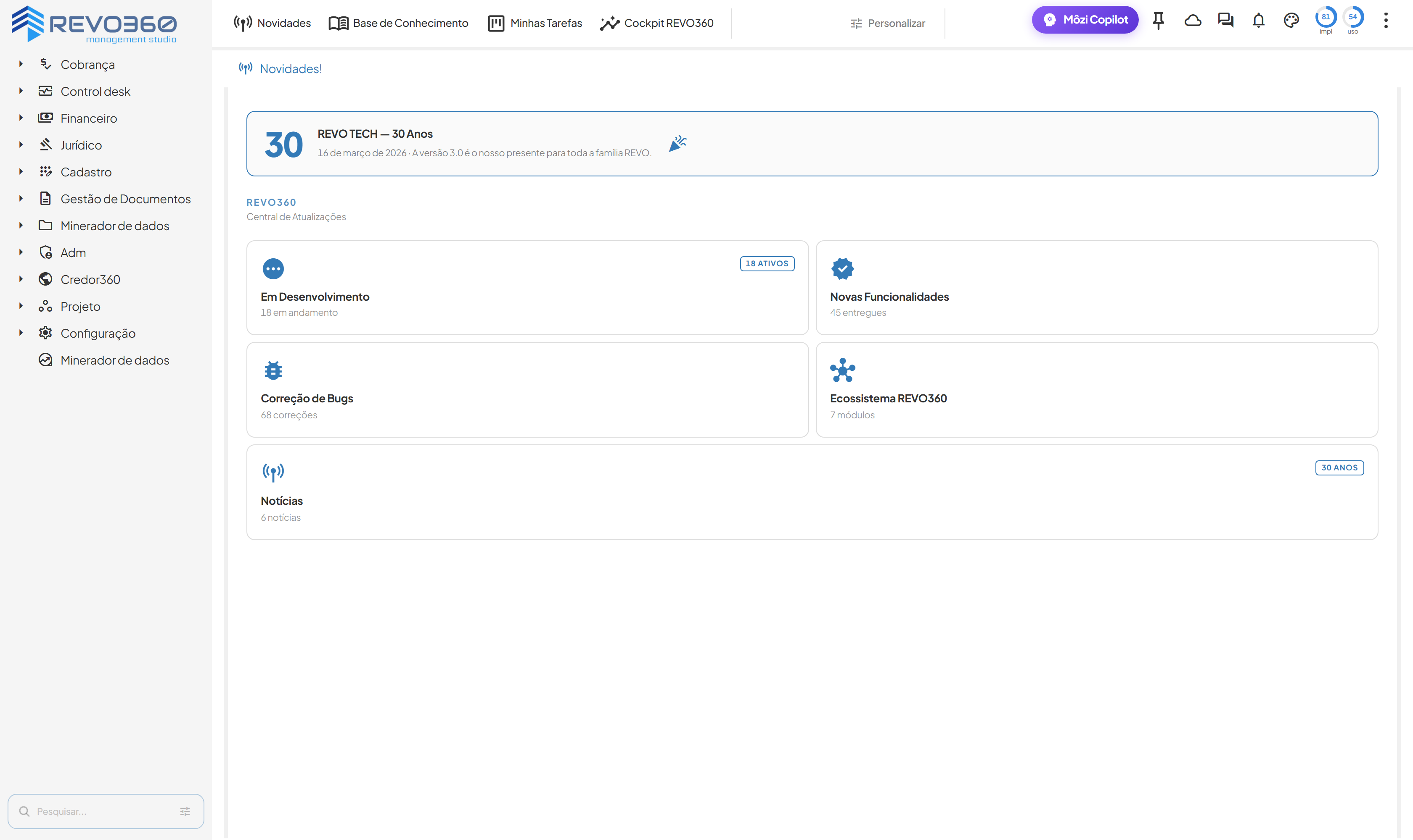 Tela inicial do REVO360 Management Studio com o menu de módulos à esquerda: Cobrança, Control desk, Financeiro, Jurídico, Cadastro, Gestão de Documentos, Minerador de dados, Adm, Credor360, Projeto e Configuração.