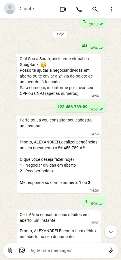 Conversa de WhatsApp: a IA-Sarah se apresenta, pede o CPF, devolve o documento mascarado e oferece o menu de negociar ou receber a segunda via do boleto