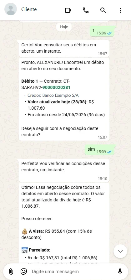 Conversa de WhatsApp: a IA-Sarah detalha o contrato, o credor, o valor atualizado no dia e os dias de atraso