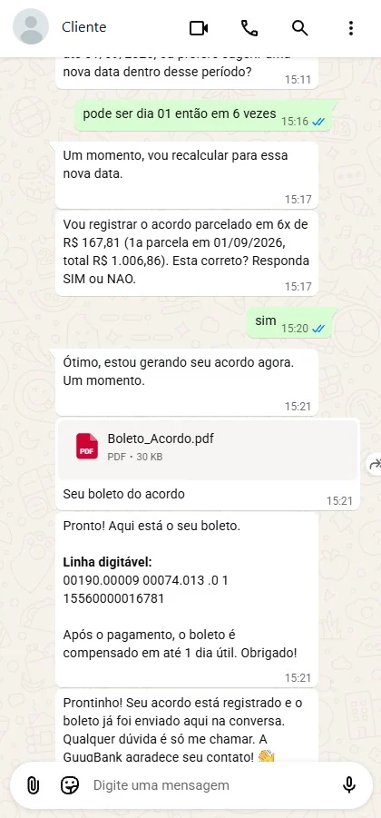 Conversa de WhatsApp: a IA-Sarah confirma o acordo e envia o boleto com linha digitável e PIX